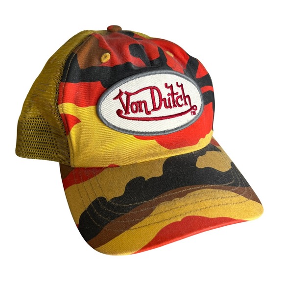 Von Dutch Trucker Hat Camo Yellow Red Patch Logo Y2K Adjustable Cap - Picture 1 of 7